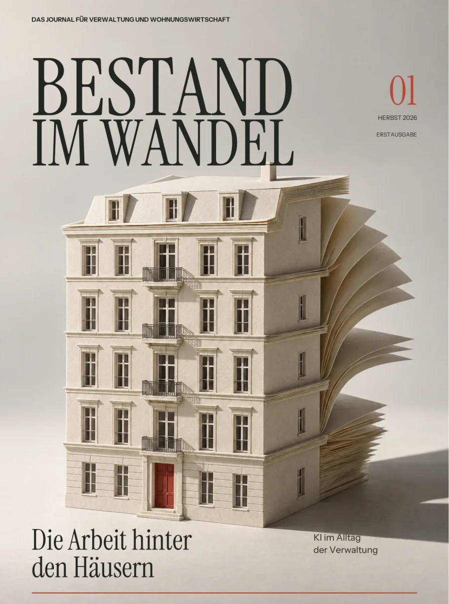 Titelseite von BESTAND IM WANDEL, Ausgabe 01: ein Haus aus Papier auf ruhigem Grund