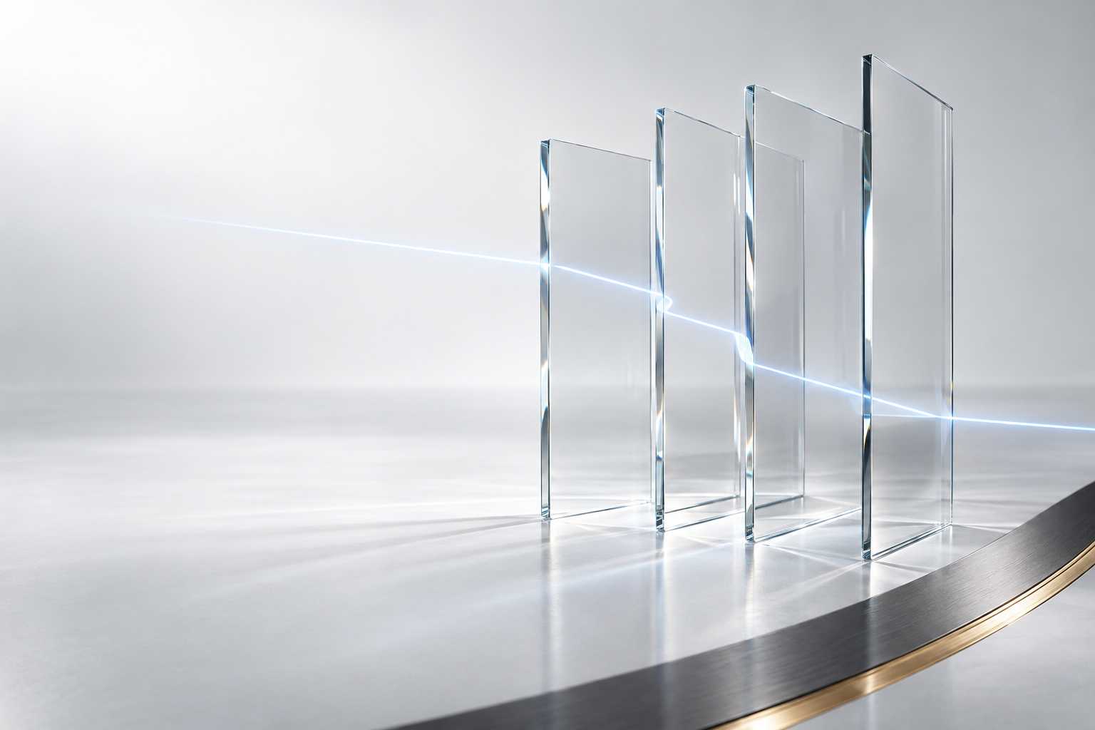 Abstrakte Studie aus präzise ausgerichteten Glasflächen und Licht als Bild für eine nachvollziehbare Sicherheitsprüfung.